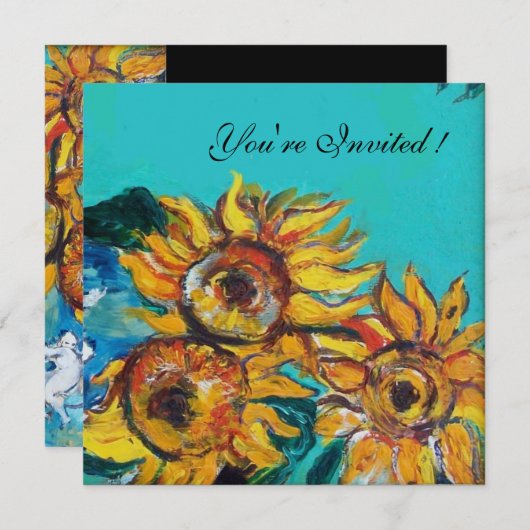 青いターコイズの夏のパーティー招待状にひまわり 招待状 (正面/裏面)