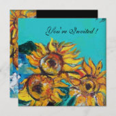 青いターコイズの夏のパーティー招待状のアートなひまわり 招待状 (正面/裏面)