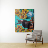 青いターコイズの猫とひまわり タペストリー (インサイチュ)