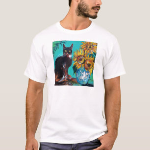 青いターコイズの猫とひまわり Tシャツ