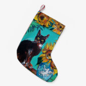 青いターコイズの黒猫が付いているヒマワリ スモールクリスマスストッキング (正面 (吊り時))