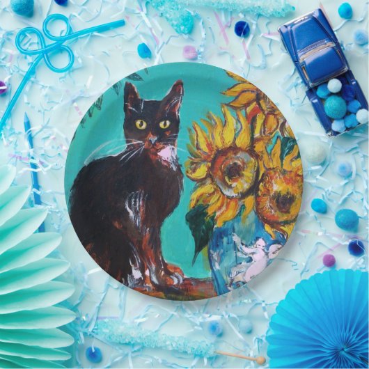 青いターコイズの黒猫とひまわり ペーパープレート (パーティー)