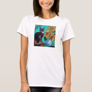 青いターコイズのCATが付いているヒマワリ Tシャツ