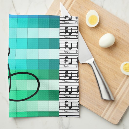 青いターコイズ音楽的な音楽ミュージシャンの台所ギフト キッチンタオル (四つ折り)