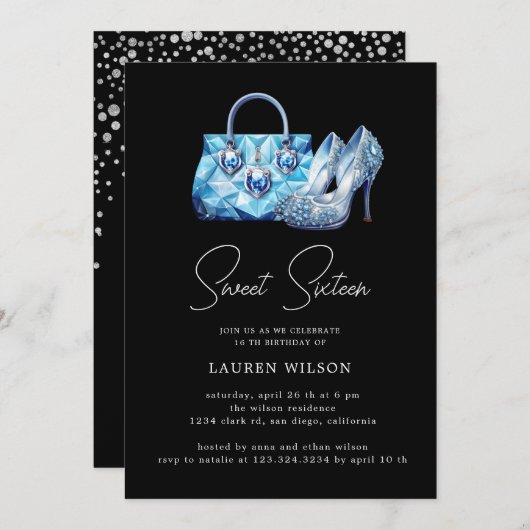 青いダイヤモンドがきらきらと輝くスイート16の誕生日 招待状 (正面/裏面)