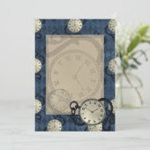 青いダイヤモンド柄の背景にポケットウォッチ 招待状 (スタンド正面)