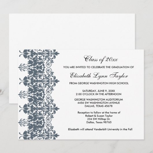 青いダマスクの卒業発表 招待状 (正面/裏面)