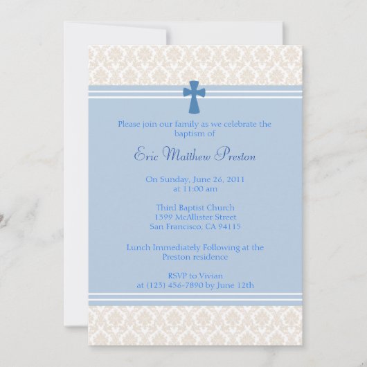 青いダマスクの洗礼/命名式招待状 招待状 (正面)