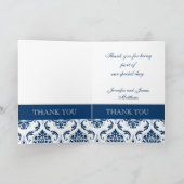青いダマスクの結婚式の写真にお礼のカード サンキューカード (内部)