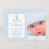 青いダマスククロス少年写真洗礼 招待状 (正面/裏面)