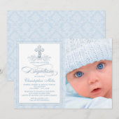 青いダマスククロス男子写真洗礼招待状 招待状 (正面/裏面)