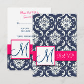 青いダマスクピンクのRSVPカードをスクエア招待状に 出欠カード (正面/裏面)
