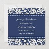 青いダマスク織のたった今結婚しましたの発表カード 案内状 (裏面)