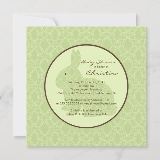 青いダマスク織のバニーのベビーシャワーの招待状のニュートラル 招待状 (正面)