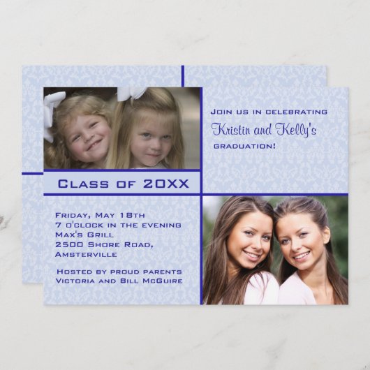 青いダマスク織の写真の卒業の招待状 招待状 (正面/裏面)
