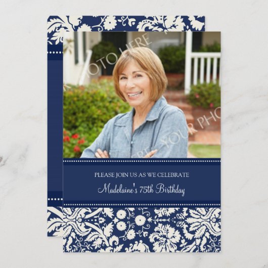 青いダマスク織の写真の第75バースデーパーティ招待状 招待状 (正面/裏面)