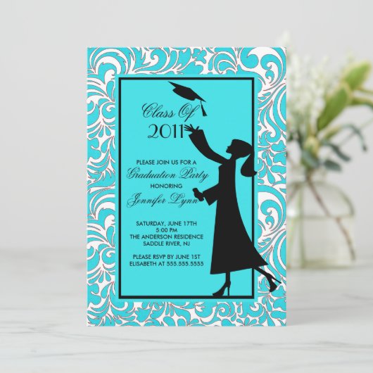 青いダマスク織の卒業の招待状のシルエットの卒業生 招待状 (スタンド正面)