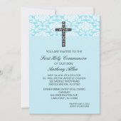 青いダマスク織の男の子の聖餐の招待状 招待状 (正面)