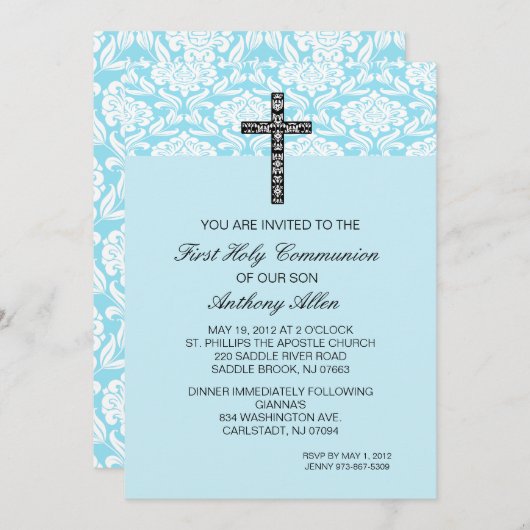 青いダマスク織の男の子の聖餐の招待状 招待状 (正面/裏面)
