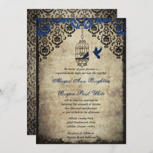 青いダマスク織の鳥かごのヴィンテージの結婚式招待状 招待状 (正面/裏面)