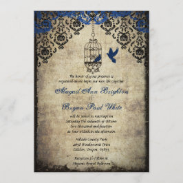 青いダマスク織の鳥かごのヴィンテージの結婚式招待状 招待状