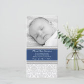 青いダマスク織はベビーシャワーの写真カード感謝していしています サンキューカード (スタンド正面)