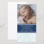 青いダマスク織はベビーシャワーの写真カード感謝していしています サンキューカード (正面/裏面)