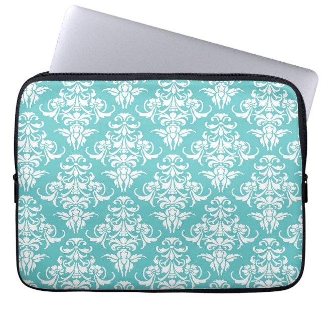 青いダマスク織パターンヴィンテージのガーリーでシックなシャンデリア ラップトップスリーブ (正面)