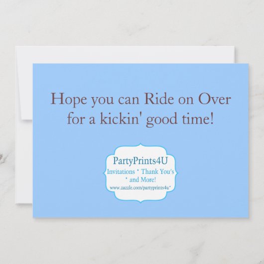 青いダマスク織、タンシェブロンの女性のカーボーイの誕生会 招待状 (裏面)