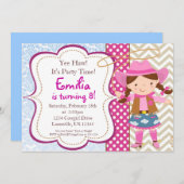 青いダマスク織、タンシェブロンの女性のカーボーイの誕生会 招待状 (正面/裏面)