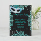 青いダマスク・マスクパーティーの誕生日招待状 招待状 (スタンド正面)