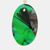 青いダンセルフライは緑の葉の上に。 セラミックオーナメント (左)