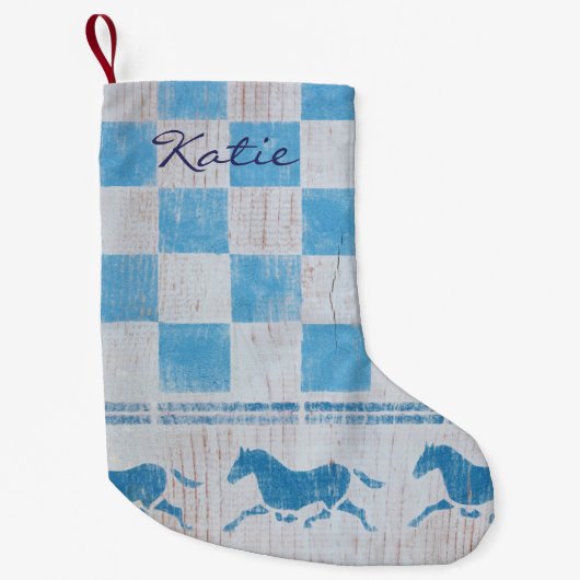 青いチェッカーボードの馬 スモールクリスマスストッキング (正面)