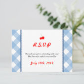 青いチェックのカントリー風の素朴な結婚式の返信 招待状 (スタンド正面)