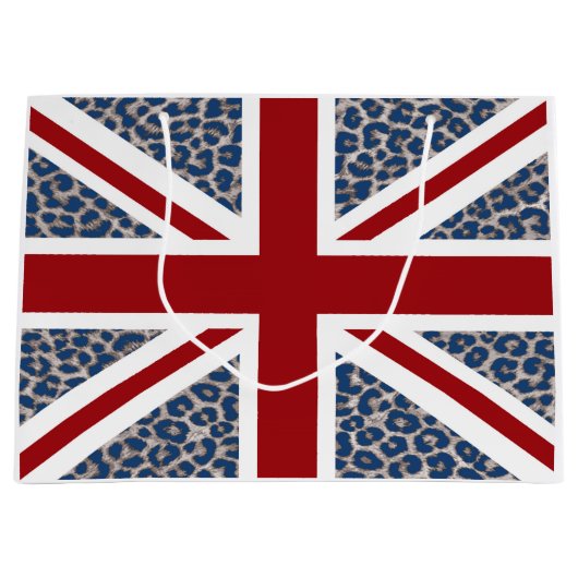 青いチータのプリントが付いている英国国旗のイギリスの旗 ラージペーパーバッグ (正面)