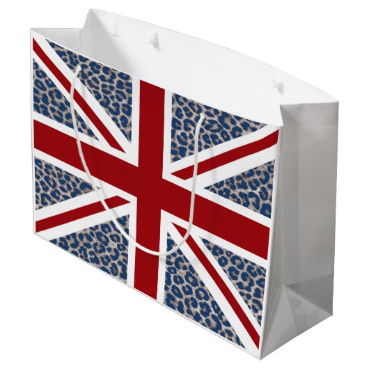 青いチータのプリントが付いている英国国旗のイギリスの旗 ラージペーパーバッグ (裏面アングル)