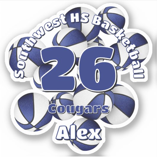 青いチームカラーのバスケットの子供の名前のクラスタ シール (正面)