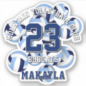 青いチームカラーバレーボールクラスターと子供の名前 シール (正面)