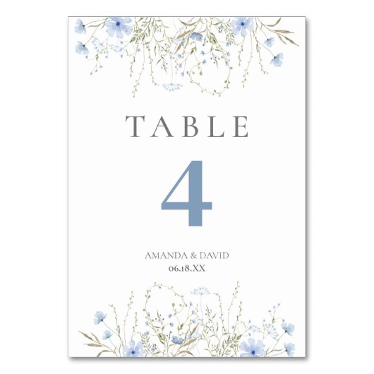 青いツユクサの野生の花のウェディング テーブルナンバー