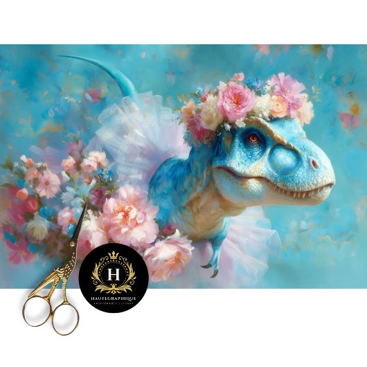 青いティラノサウルスのバレリーナの花冠デコパージュ 薄葉紙