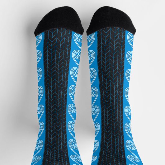 青いティール（緑がかった色）と灰色のギリシャのパターン ソックス (上部)