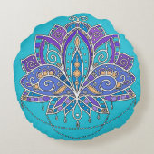 青いティール(緑がかった色)の明るくカラフルなはすの花 ラウンドクッション (裏面)
