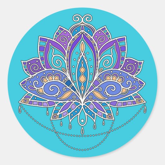 青いティール(緑がかった色)の明るくカラフルなはすの花 ラウンドシール (正面)