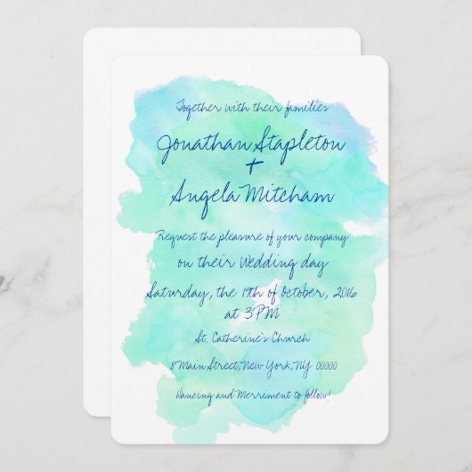 青いティール（緑がかった色）の水彩画のヴィンテージの手書きの結婚式 招待状 (正面/裏面)