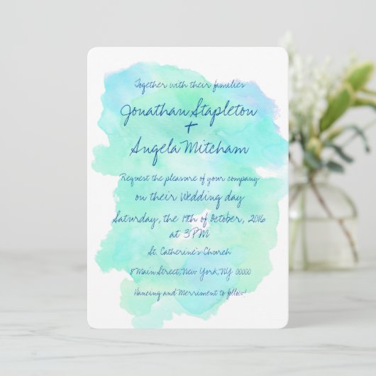 青いティール（緑がかった色）の水彩画のヴィンテージの手書きの結婚式 招待状 (スタンド正面)