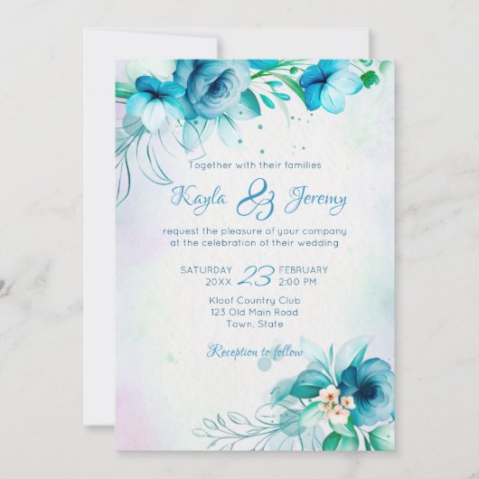 青いティール（緑がかった色）の結婚緑の花のフローラをすべて1つ 招待状 (正面)