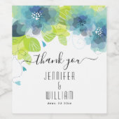 青いティール(緑がかった色)の花の書道結婚の ワインラベル (シングルラベル)