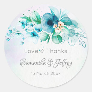 青いティール(緑がかった色)緑の花フローラ結婚式の贈り物の好意 ラウンドシール