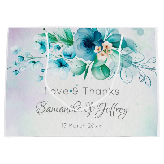 青いティール（緑がかった色）緑の花フローラ結婚式の贈り物の好意 ラージペーパーバッグ (正面)