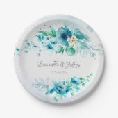 青いティール（緑がかった色）緑の花フローラ ペーパープレート (正面)